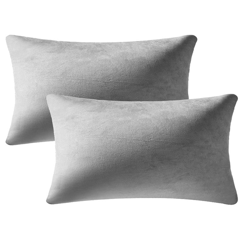 DEZENE Decorative Pillow Cases 12x20 Light-Grey: 2 Pack Cozy Soft Velvet Rectangular Throw Pillow Covers for Farmhouse Home Decor - Image 1